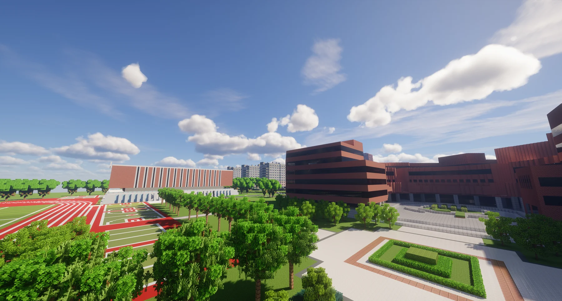 温州商学院 Minecraft 校园复建全景，运动场与教学建筑